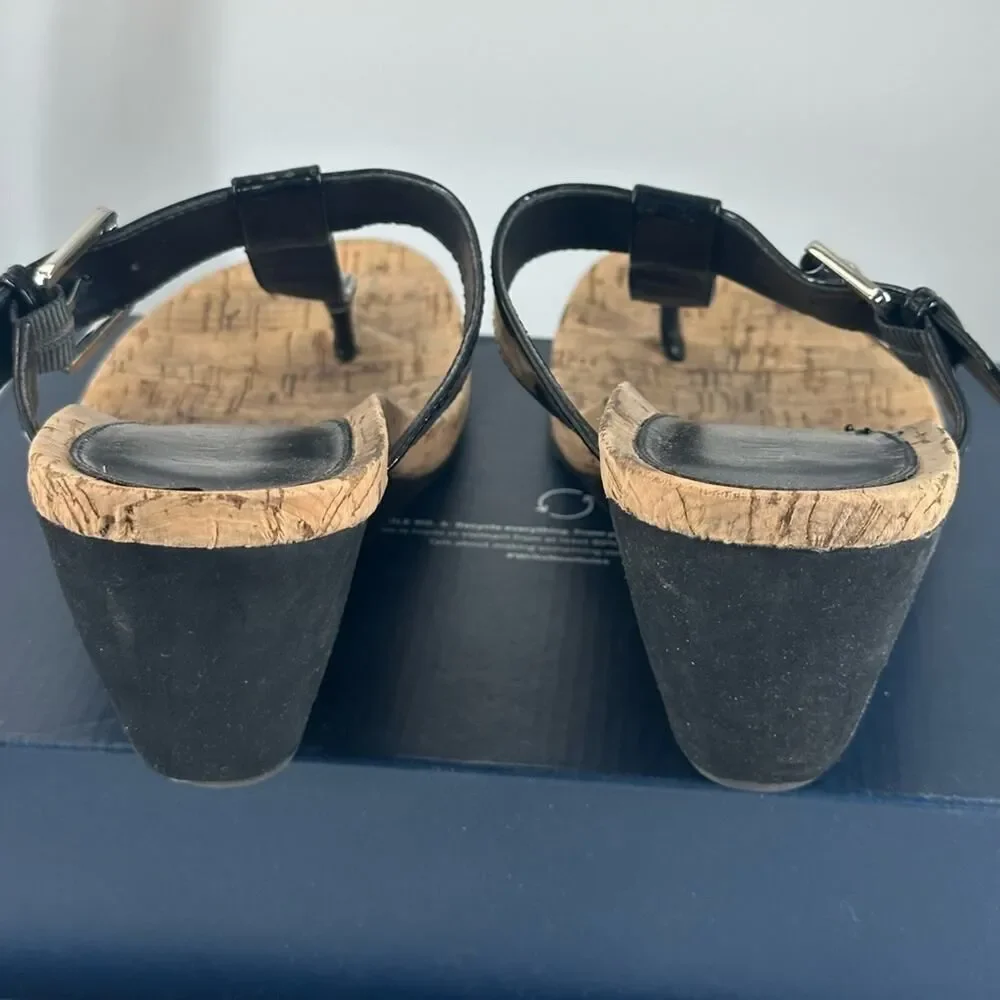 Ralph Lauren Black Women's Roseanne T-Strap Sandals Cork Patent Leather Size 8